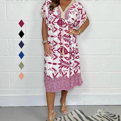 🔥Big price reduction！💃✨Printed Casual Dress With V-Neckline and Fringes on the Short Sleeves