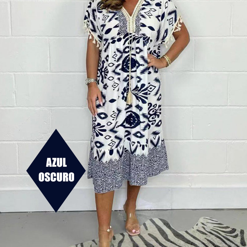 🔥Big price reduction！💃✨Printed Casual Dress With V-Neckline and Fringes on the Short Sleeves