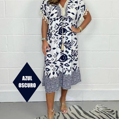 🔥Big price reduction！💃✨Printed Casual Dress With V-Neckline and Fringes on the Short Sleeves
