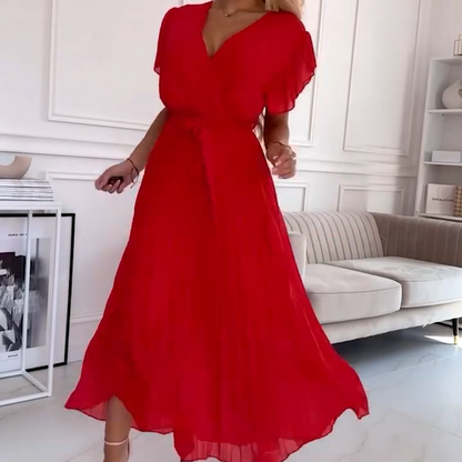 🔥50% OFF💗Women's Solid V-Neck Pleated Flowy Dress
