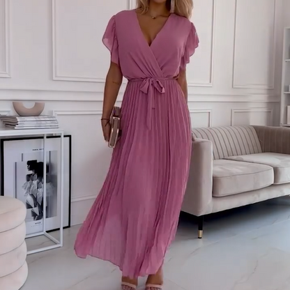 🔥50% OFF💗Women's Solid V-Neck Pleated Flowy Dress