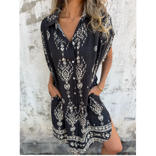 🌸Spring Specials🌸Loose-Fit Printed Short Sleeve Dress with Pockets