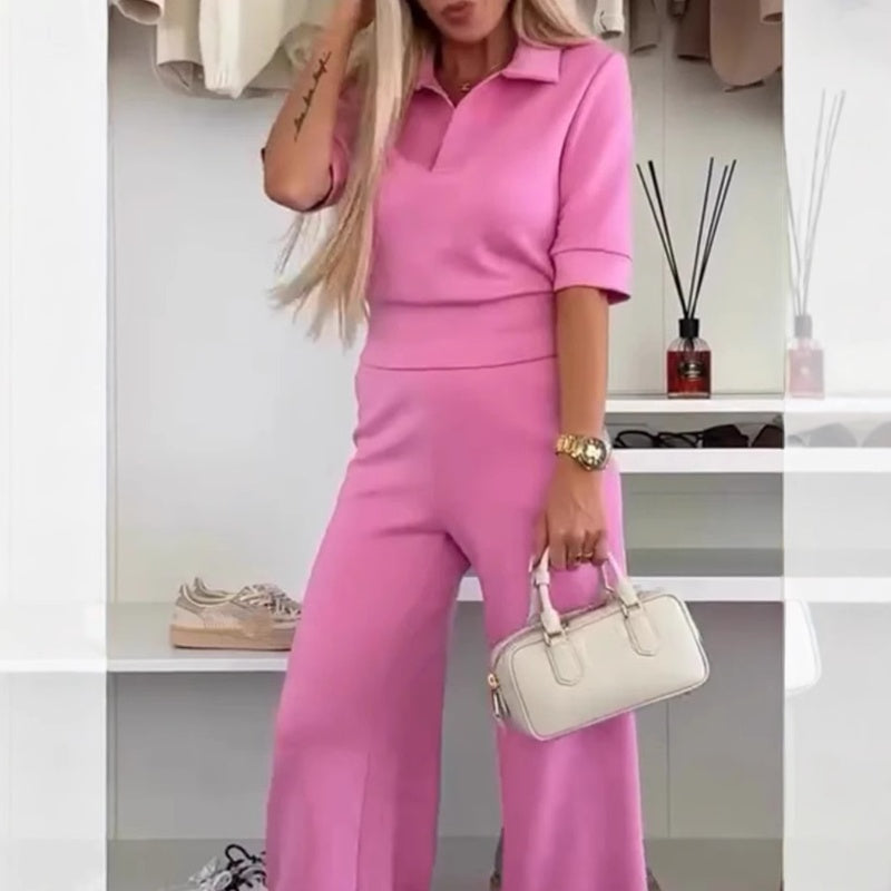 💖Limited Sale 50% OFF💖Solid Color Lapel Top & Wide Leg Pants 2-Piece Set