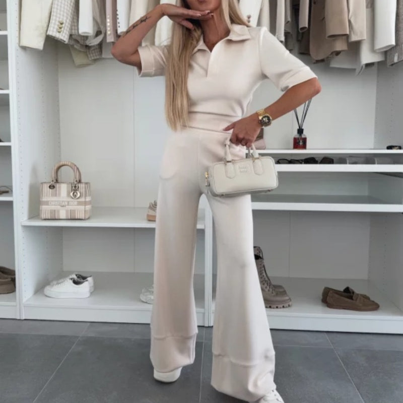 💖Limited Sale 50% OFF💖Solid Color Lapel Top & Wide Leg Pants 2-Piece Set