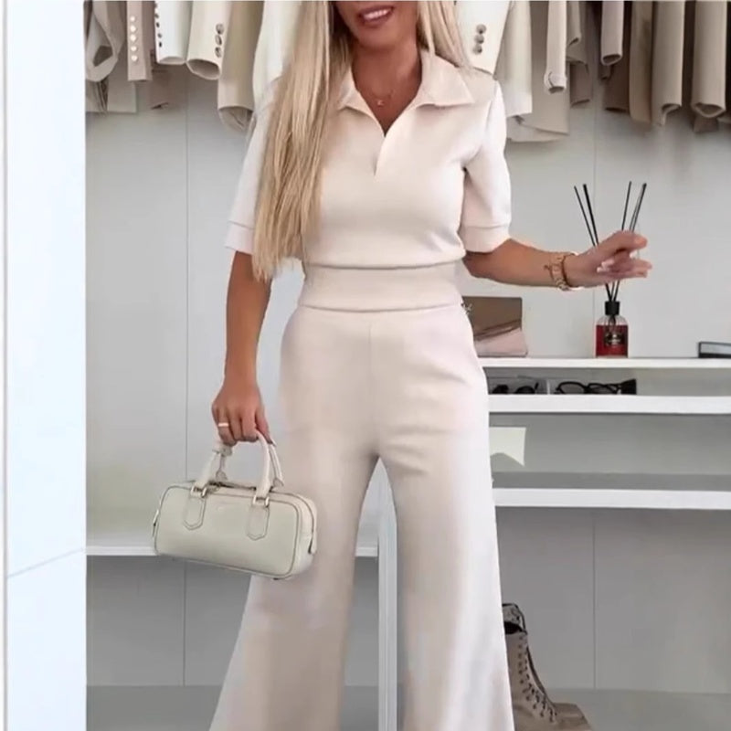 💖Limited Sale 50% OFF💖Solid Color Lapel Top & Wide Leg Pants 2-Piece Set