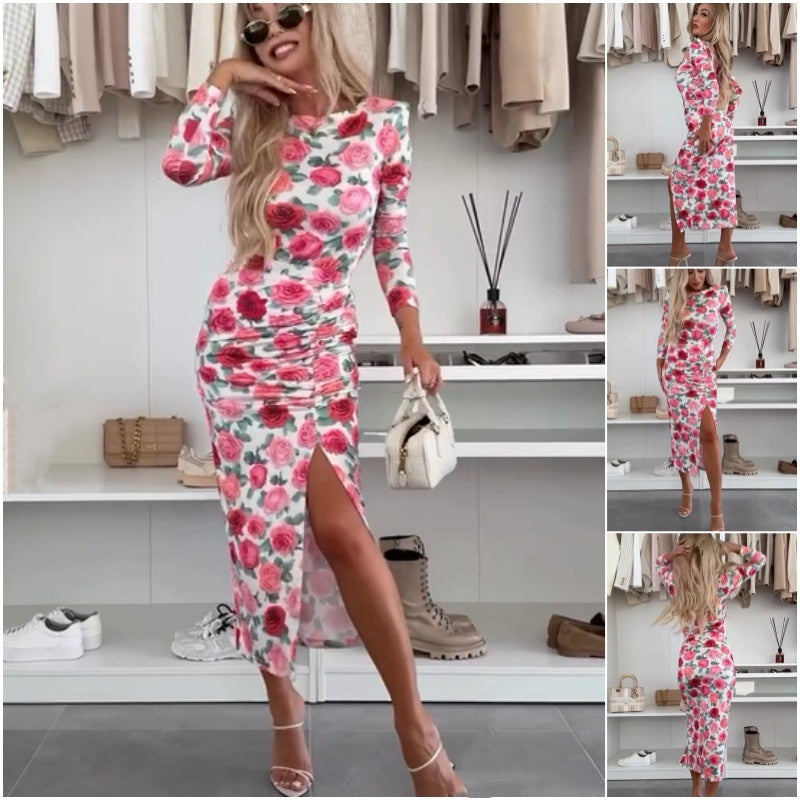🔥50% OFF💗Floral Long-Sleeve Tops ＆ Slit Skirt Two-Piece Set