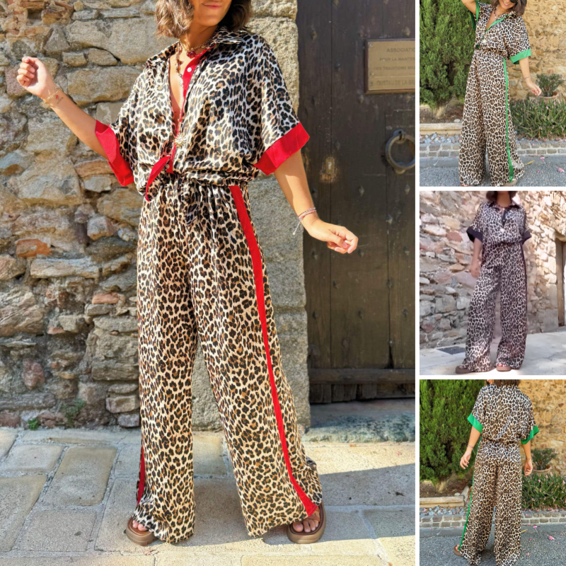🌸🔥Big price reduction! 🔥 Women's 2-Piece Leopard Print Outfit Button-Down Shirt & Wide-Leg Pants