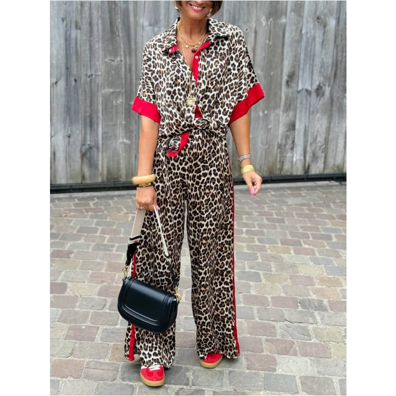 🌸🔥Big price reduction! 🔥 Women's 2-Piece Leopard Print Outfit Button-Down Shirt & Wide-Leg Pants