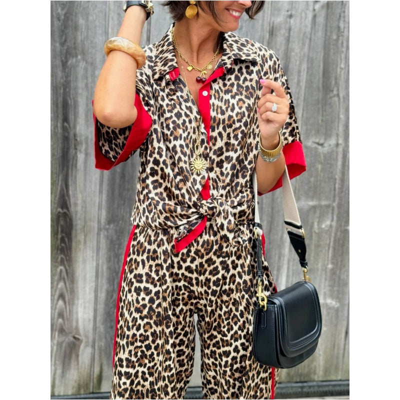 🌸🔥Big price reduction! 🔥 Women's 2-Piece Leopard Print Outfit Button-Down Shirt & Wide-Leg Pants