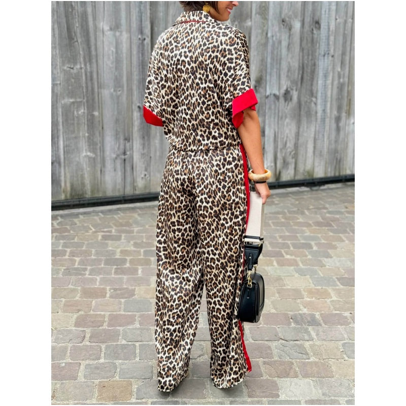 🌸🔥Big price reduction! 🔥 Women's 2-Piece Leopard Print Outfit Button-Down Shirt & Wide-Leg Pants