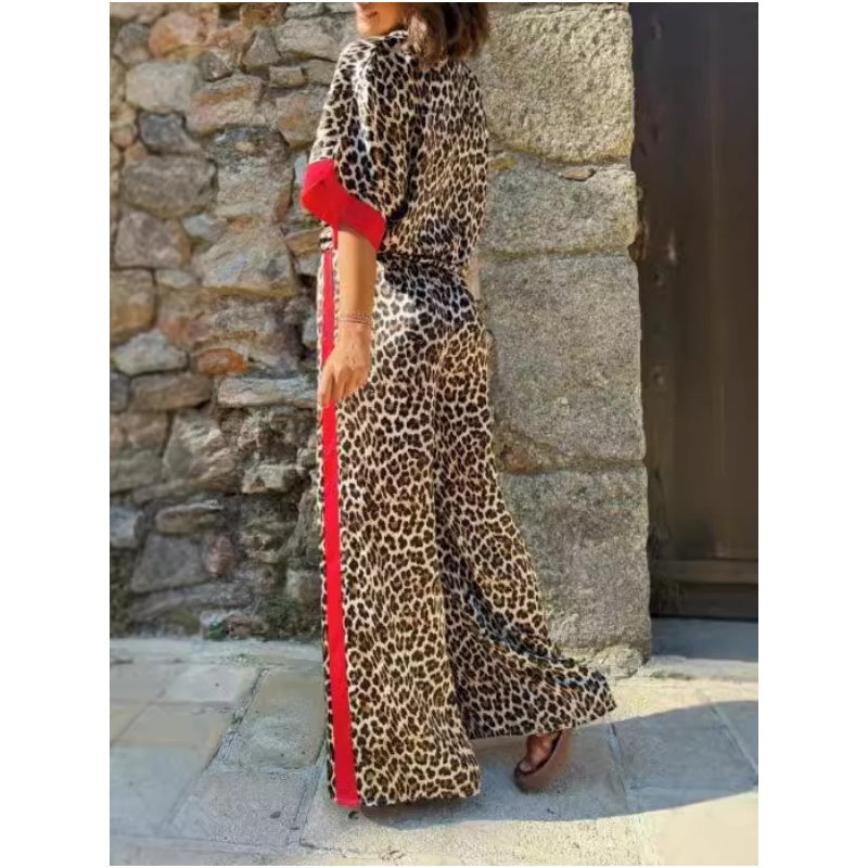 🌸🔥Big price reduction! 🔥 Women's 2-Piece Leopard Print Outfit Button-Down Shirt & Wide-Leg Pants