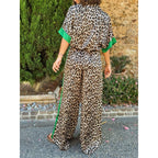 🌸🔥Big price reduction! 🔥 Women's 2-Piece Leopard Print Outfit Button-Down Shirt & Wide-Leg Pants
