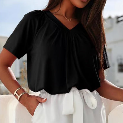 🎁Big price reduction！⏳Women's Casual Pleated V-Neck Short-Sleeve Top