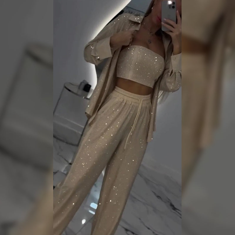 💕2025 HOT 54% OFF SALE 👠Must-Have for Shiny Partiest✨ Dazzling Blazer & Wide-Leg Pants, Stylish and Grand, Perfect for Parties! (3-piece set)