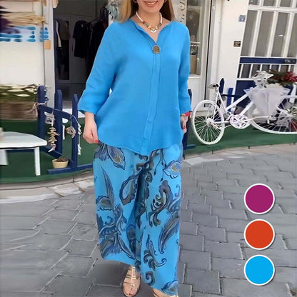 💙Spring Specials🌸Women’s Casual Printed Long-sleeve Blouse and Wide-leg Pants 2-piece Set