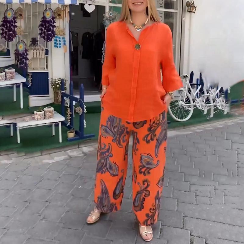 💙Spring Specials🌸Women’s Casual Printed Long-sleeve Blouse and Wide-leg Pants 2-piece Set