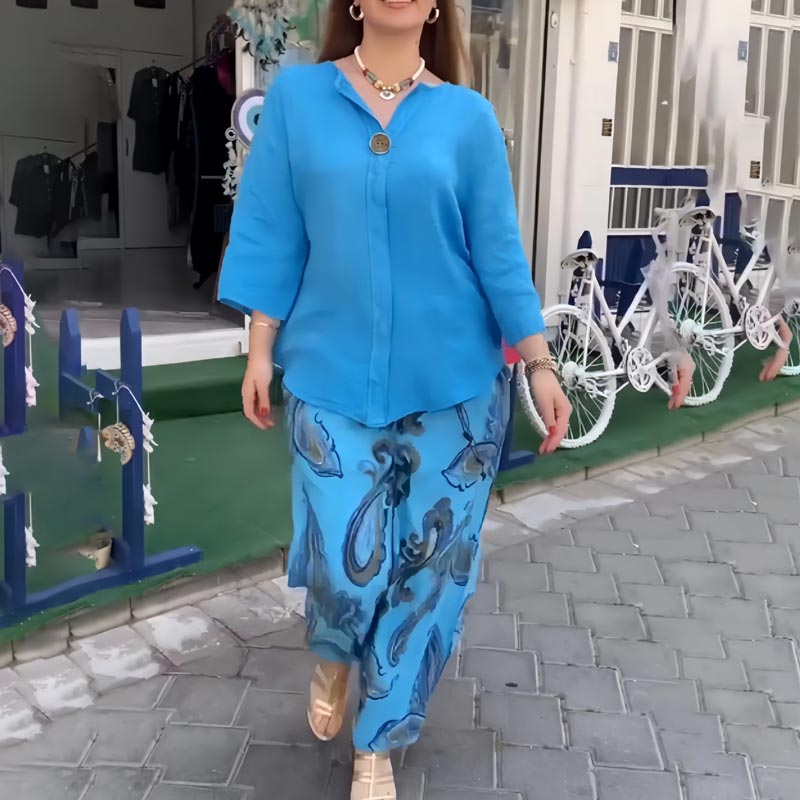 💙Spring Specials🌸Women’s Casual Printed Long-sleeve Blouse and Wide-leg Pants 2-piece Set