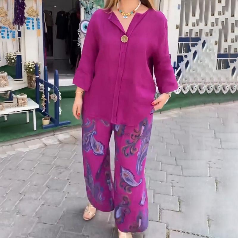 💙Spring Specials🌸Women’s Casual Printed Long-sleeve Blouse and Wide-leg Pants 2-piece Set