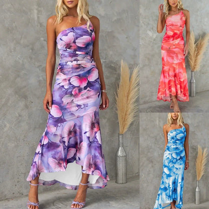 🌸Spring Specials🌸Women's Elegant Floral Print Ruched One-Shoulder Dress