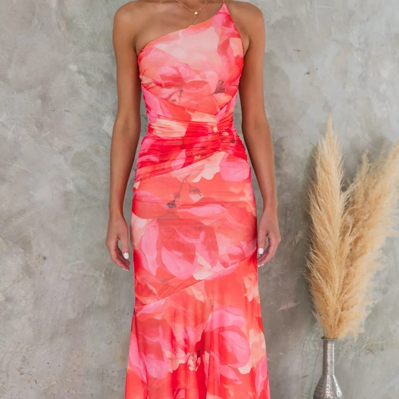 🌸Spring Specials🌸Women's Elegant Floral Print Ruched One-Shoulder Dress