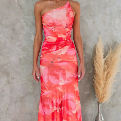 🌸Spring Specials🌸Women's Elegant Floral Print Ruched One-Shoulder Dress