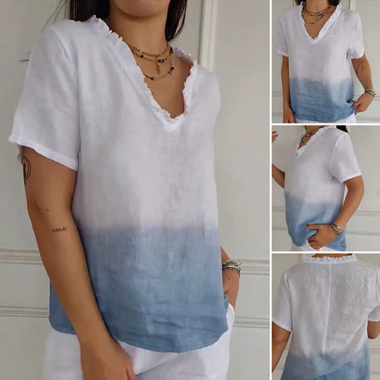 🏖️Summer Hot Sale 50% OFF🌼Women's Casual Gradient Print Ruffled V-Neck Shirt