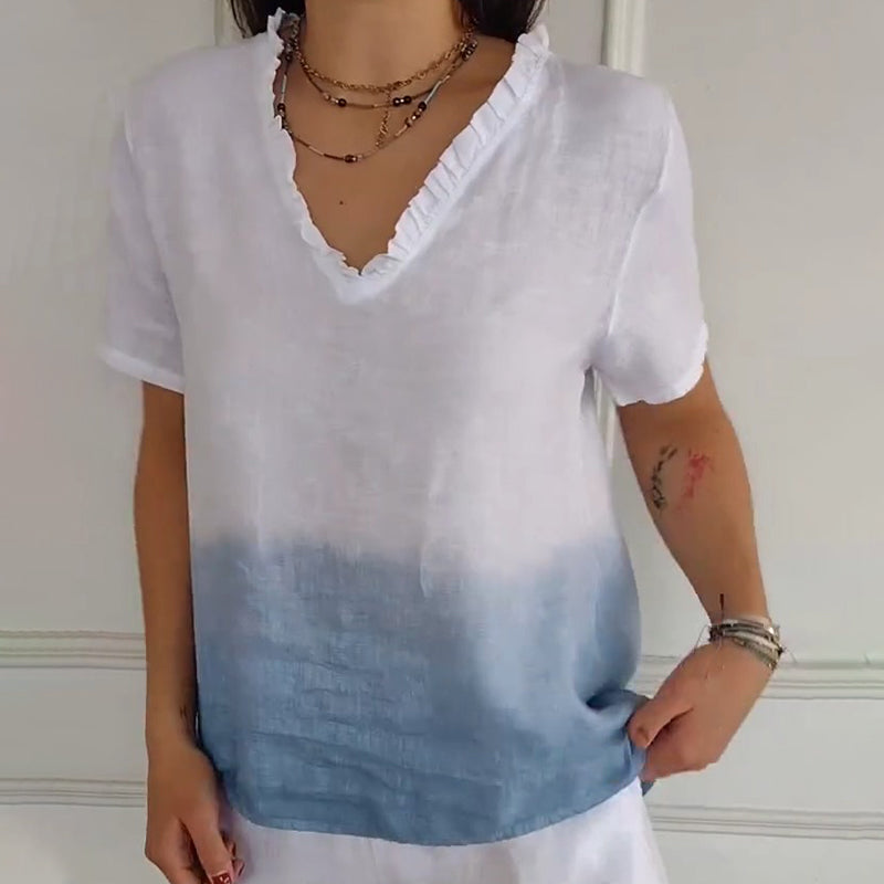 🏖️Summer Hot Sale 50% OFF🌼Women's Casual Gradient Print Ruffled V-Neck Shirt