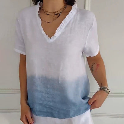 🏖️Summer Hot Sale 50% OFF🌼Women's Casual Gradient Print Ruffled V-Neck Shirt