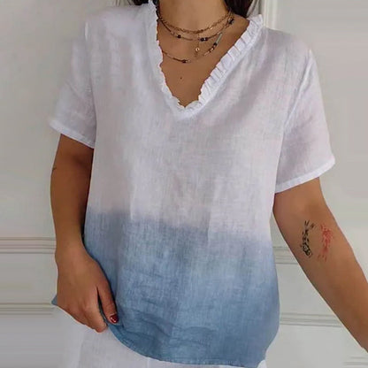 🏖️Summer Hot Sale 50% OFF🌼Women's Casual Gradient Print Ruffled V-Neck Shirt