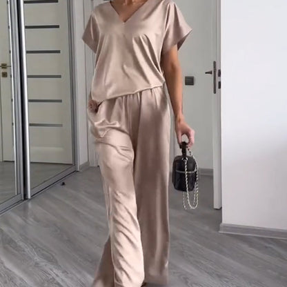 🌸Spring Specials🌸Women's Solid Color Loose V-Neck Short Sleeve & Pants Two Piece Set