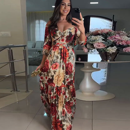 🌹Limited Sale 50% OFF🌹Women's V-Neck Floral Printed Pleated Dress