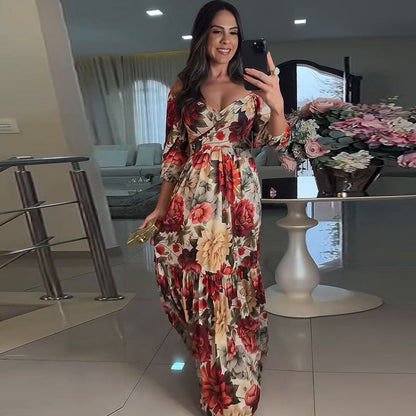 🌹Limited Sale 50% OFF🌹Women's V-Neck Floral Printed Pleated Dress