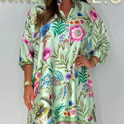 🌸LAST DAY SALE 50% OFF🌸Loose V-Neck Half-Button Front Floral Dress