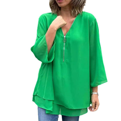🌸50% OFF🌸Double-Layer V-neck Zipper 3/4 Sleeves Soft Tops