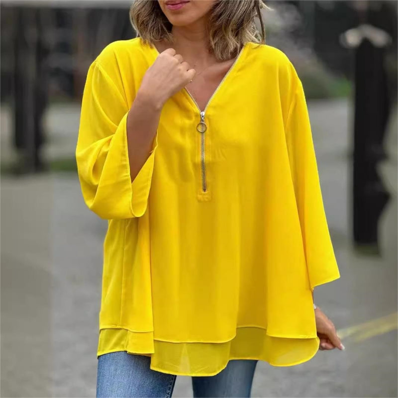 🌸50% OFF🌸Double-Layer V-neck Zipper 3/4 Sleeves Soft Tops