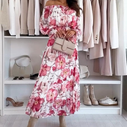 🌸Seasonal dress 50% OFF🌸Floral Print Off-Shoulder Top & Maxi Skirt Two-Piece Set