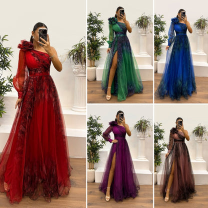 💕💕💕Women's Fashion Slant Shoulder Mesh Printed Dresses