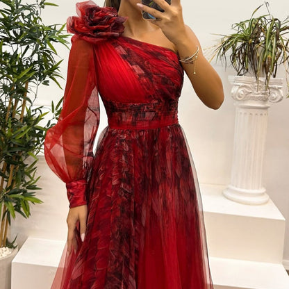 💕💕💕Women's Fashion Slant Shoulder Mesh Printed Dresses