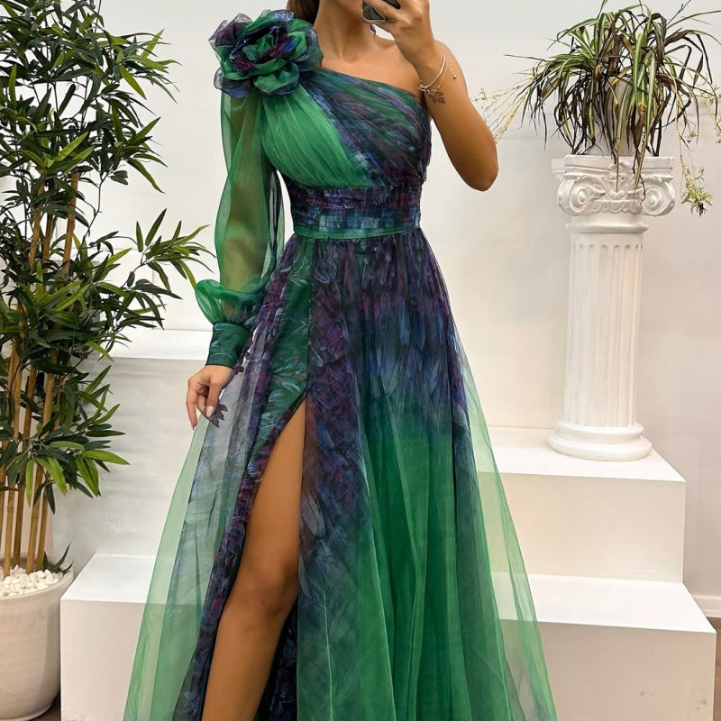 💕💕💕Women's Fashion Slant Shoulder Mesh Printed Dresses