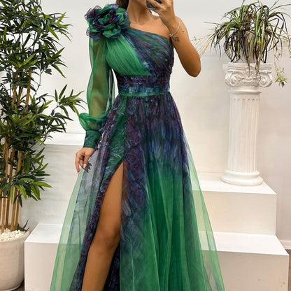💕💕💕Women's Fashion Slant Shoulder Mesh Printed Dresses