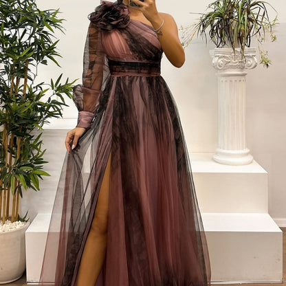 💕💕💕Women's Fashion Slant Shoulder Mesh Printed Dresses