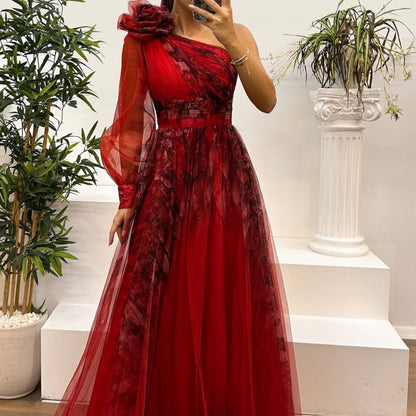 💕💕💕Women's Fashion Slant Shoulder Mesh Printed Dresses