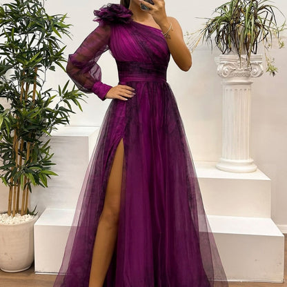 💕💕💕Women's Fashion Slant Shoulder Mesh Printed Dresses