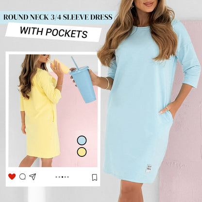 ✨Early Summer New✨Round Neck 3/4 Sleeve Dress with Pockets