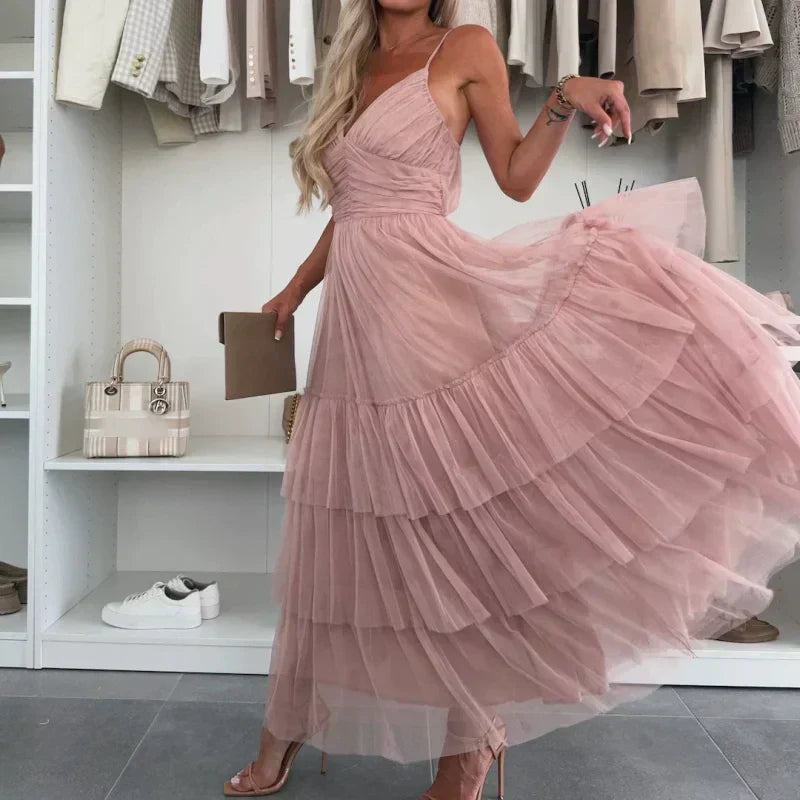 💖Limited Sale 50% OFF💖Women’s Elegant Spaghetti Strap Tiered Tulle Maxi Dress