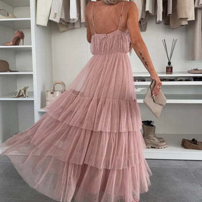💖Limited Sale 50% OFF💖Women’s Elegant Spaghetti Strap Tiered Tulle Maxi Dress