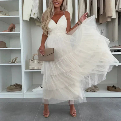 💖Limited Sale 50% OFF💖Women’s Elegant Spaghetti Strap Tiered Tulle Maxi Dress