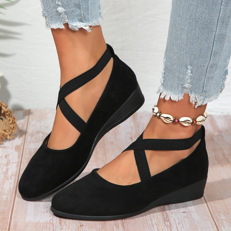 💃🔥Last day promotion 50% discount🔥Elegant Solid Color Elastic Strap Low Wedge Shoes