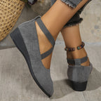 💃🔥Last day promotion 50% discount🔥Elegant Solid Color Elastic Strap Low Wedge Shoes