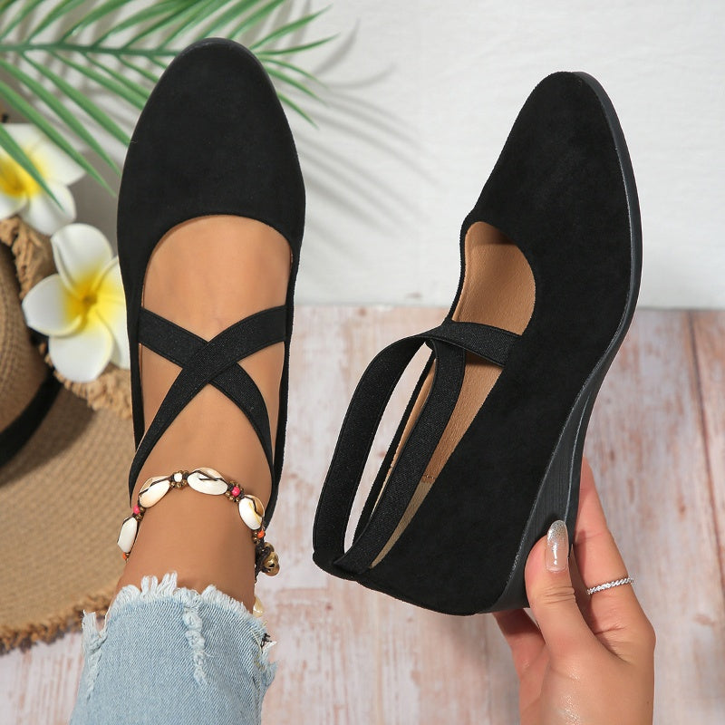 💃🔥Last day promotion 50% discount🔥Elegant Solid Color Elastic Strap Low Wedge Shoes